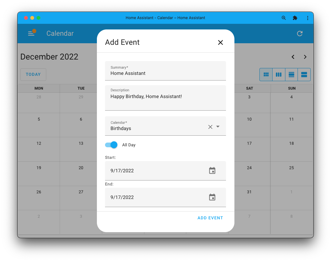 Screenshot adding an event to the local calendar