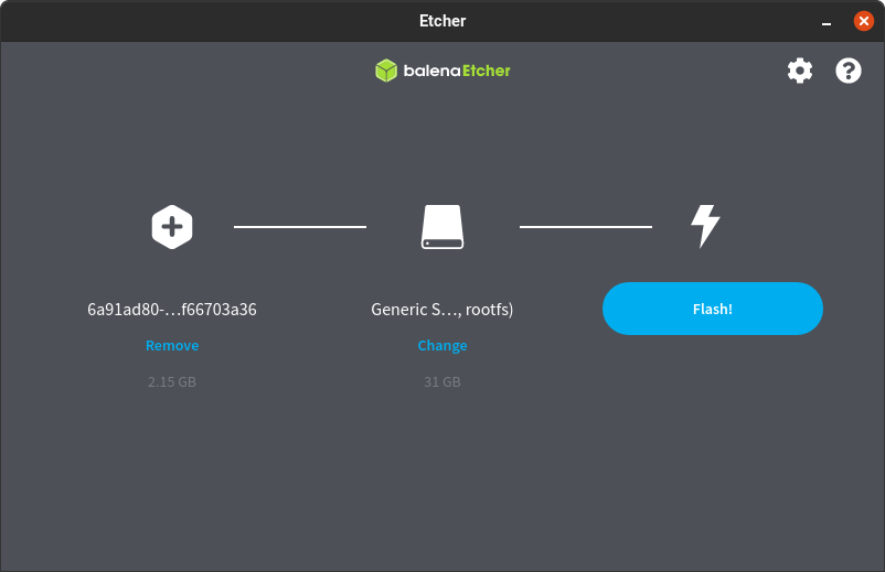 Screenshot of the Etcher software showing the Flash button highlighted.