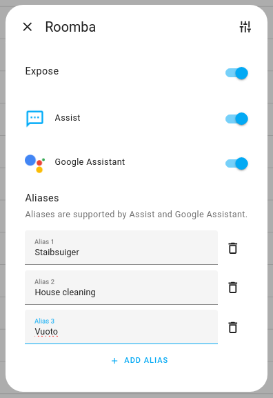 Screenshot showing the alias editing capabilities added to the more info dialog of entities, accessed from the Voice assistants page