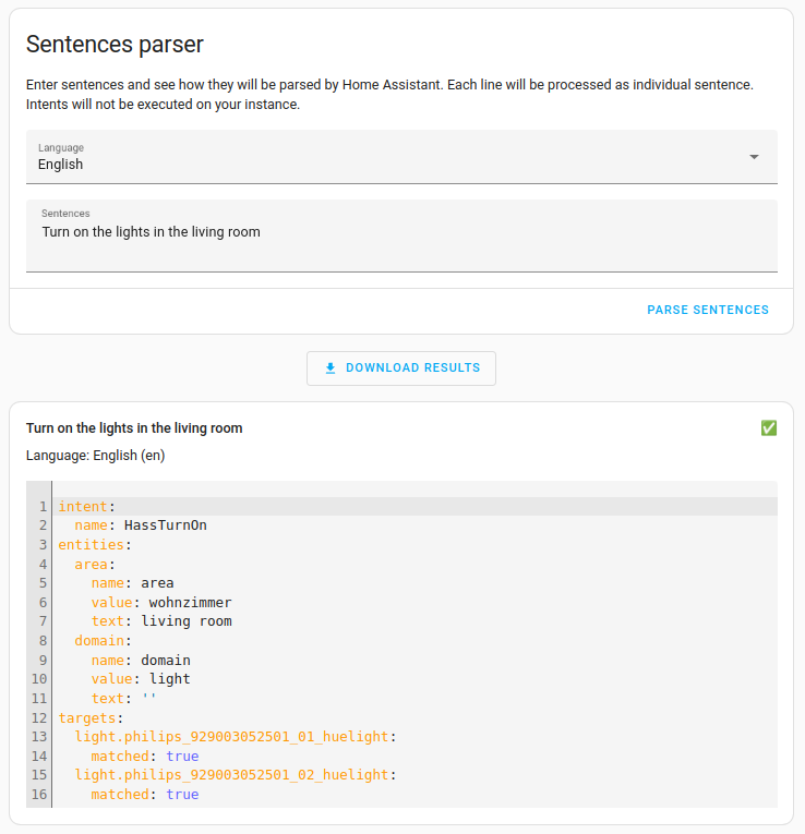 Open the Assist developer tool sentence parser