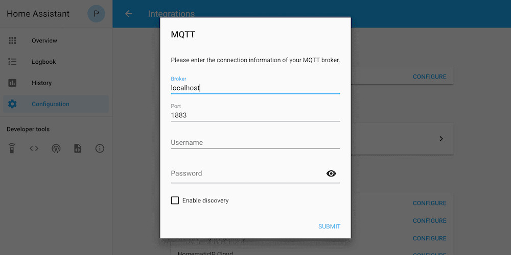 Screenshot showing how to configure MQTT via UI