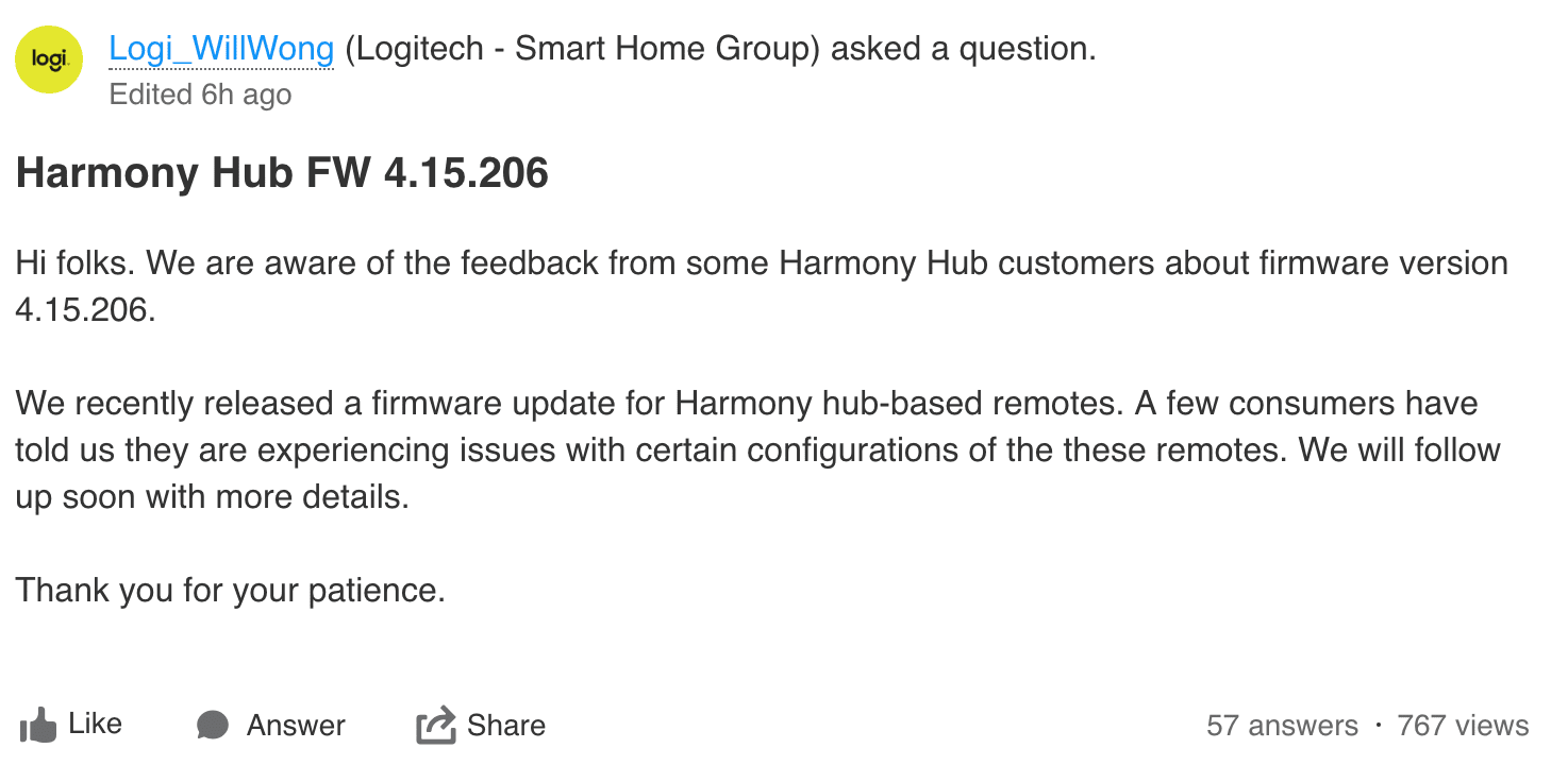 Screenshot of a forum post by a Logitech employee saying that a few customers are experiencing issues with certain configurations and that they follow up soon with more details.