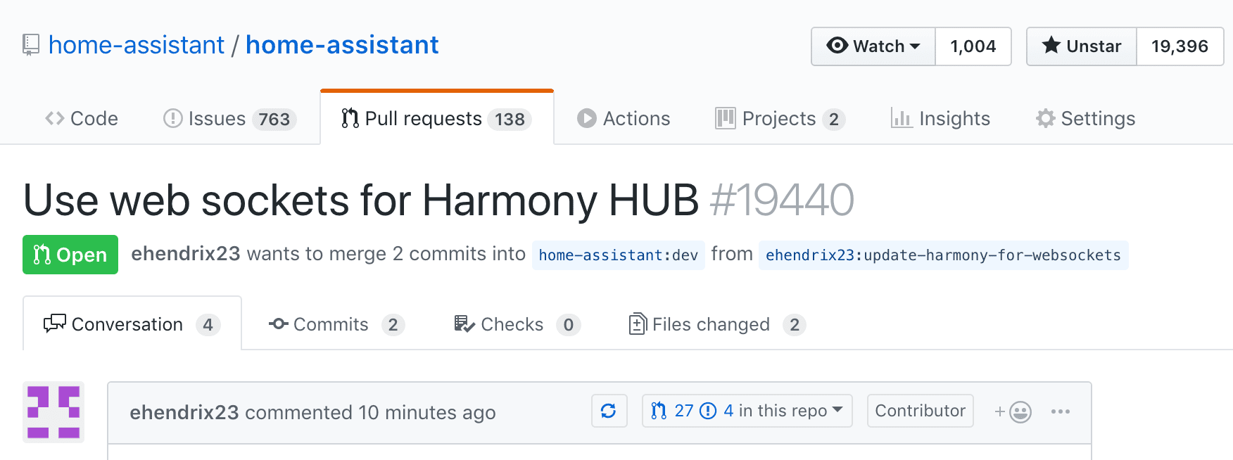 Screenshot of GitHub.com showing a pull request to Home Assistant to update their Logitech Harmony integration to use the local websocket API.