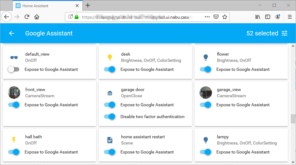 Screenshot of the new user interface to manage which entities are exposed to Google Assistant.