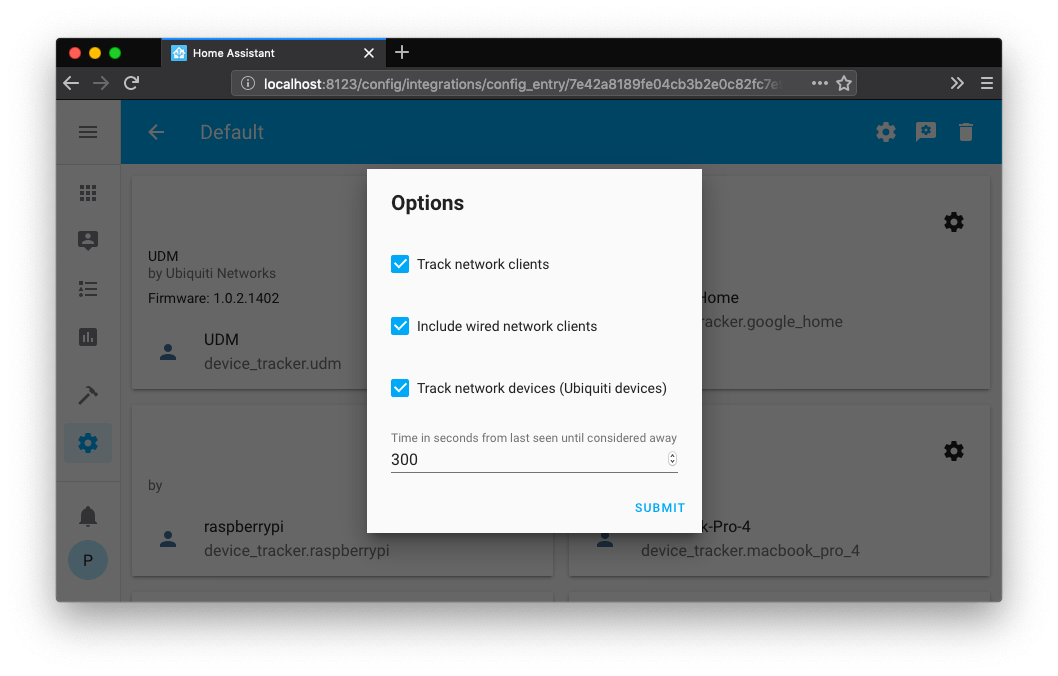 Screenshot of Unifi config options.