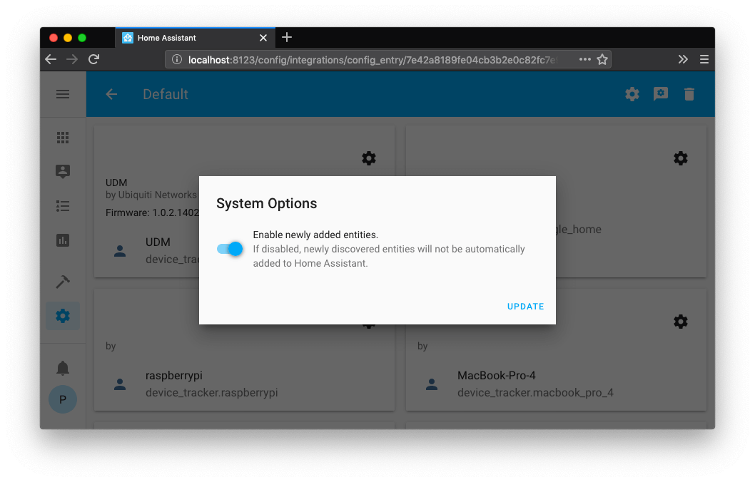 Screenshot of integration system options.