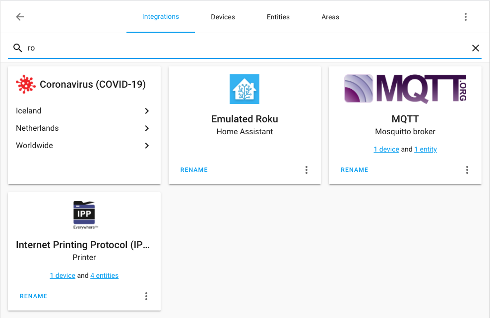 Screenshot of the integrations page