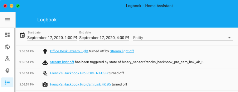 Screenshot of the logbook showing the sources of the events.