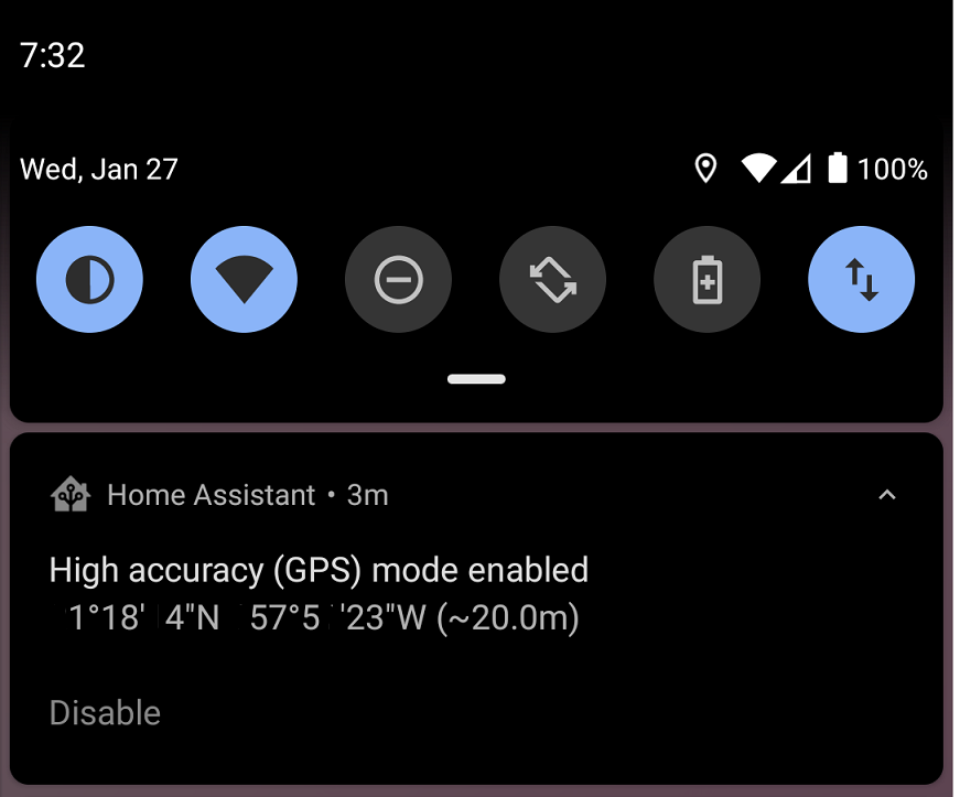 Screenshot of the high accuracy mode notification