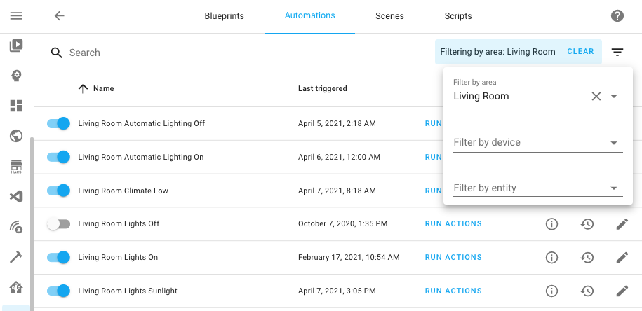 Screenshot of filtering automations by the living room area