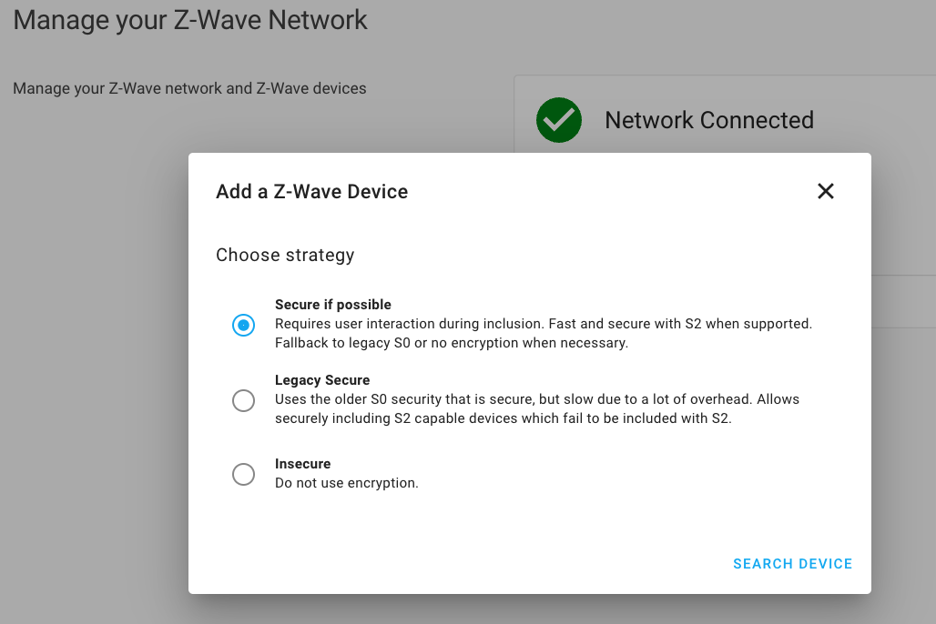 Capture d'écran de Z-Wave JS associant un nouvel appareil à la sécurité S2