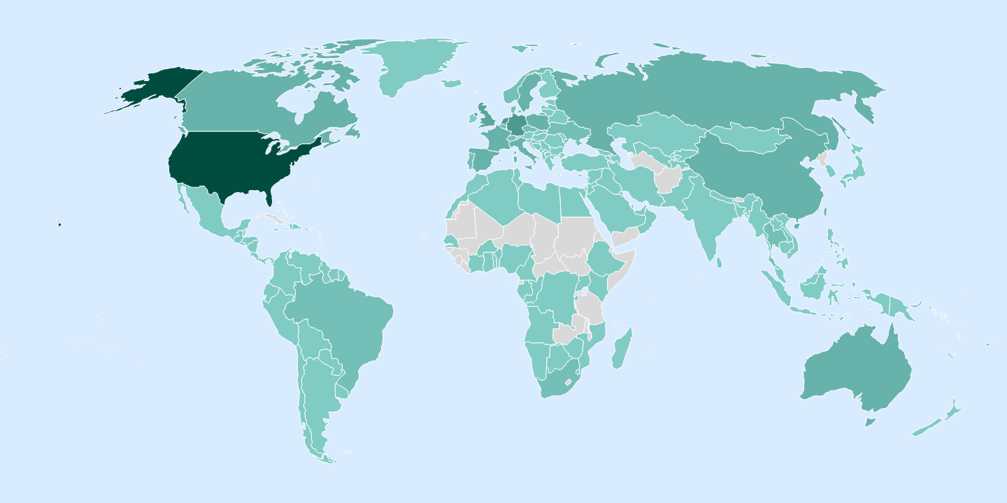 Carte du monde colorée par le nombre d'utilisateurs de Home Assistant dans chaque pays