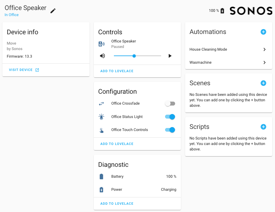 Screenshot of the Sonos device page that now has entities categorized