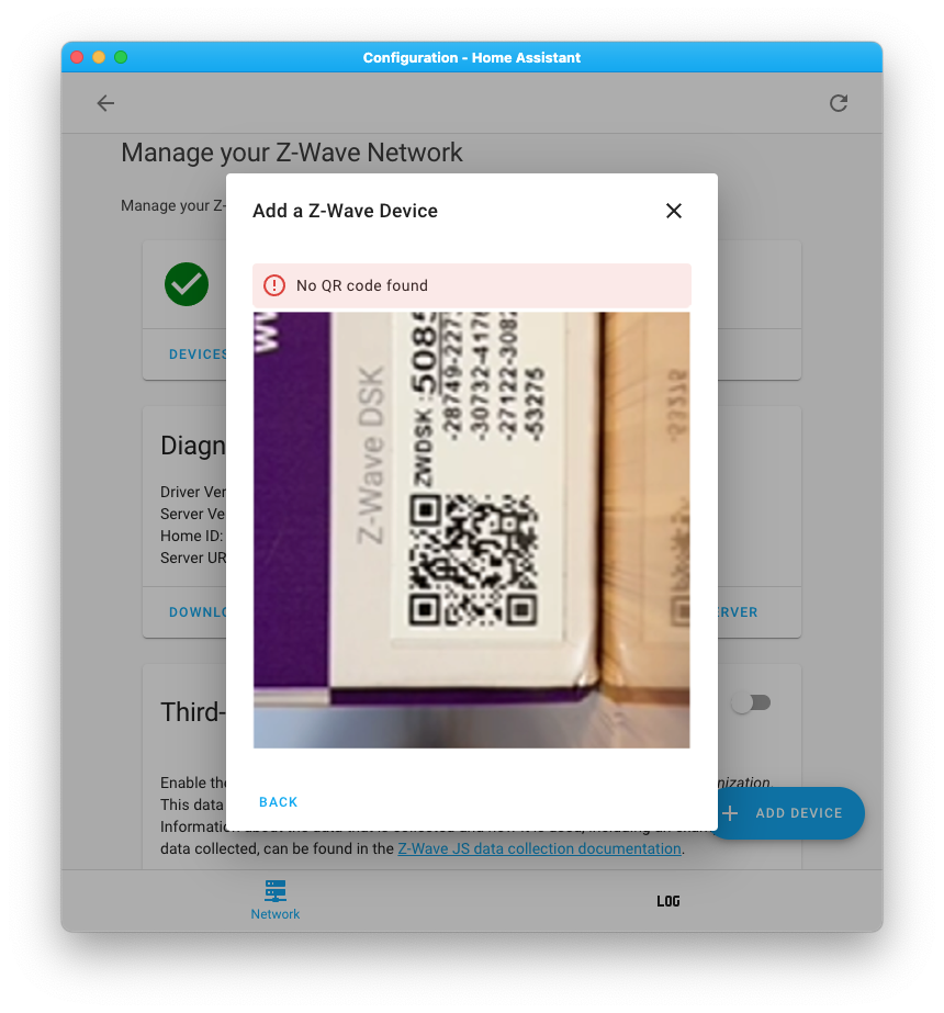 Screenshot of scanning the QR code to add a Z-Wave SmartStart device in Home Assistant.