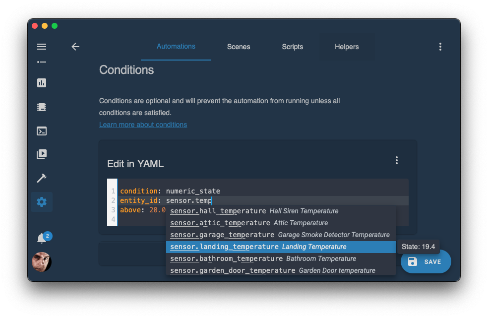 Screenshot showing the code editor with entity ID autocompletion