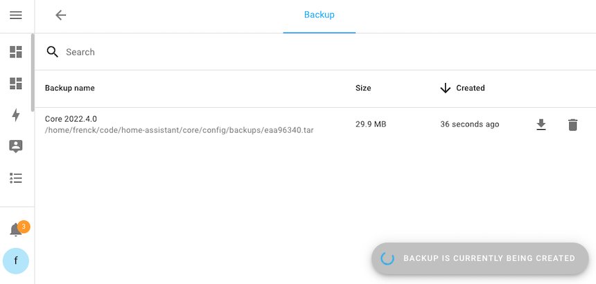 Screenshot showing backup creation in progress on a Home Assistant Core installation type.
