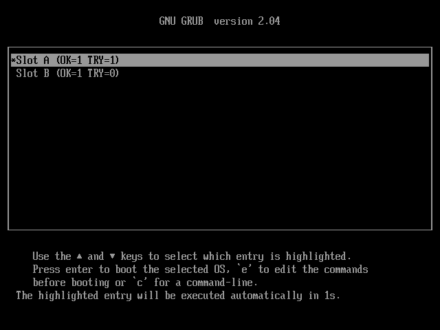 Screenshot showing GRUB2 menu of Home Assistant OS