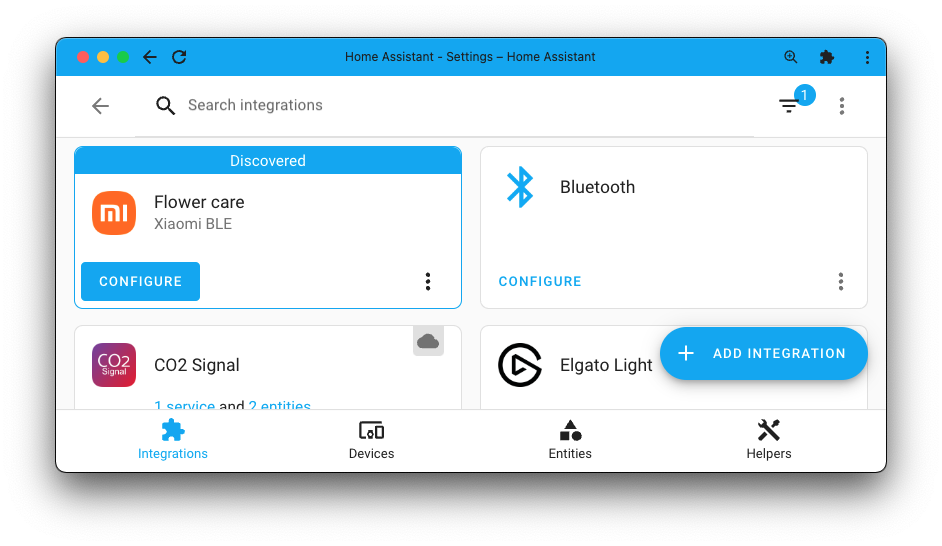 Screenshot showing the integration page, with an active Bluetooth integration and a Mi Flora plant sensor device being discovered