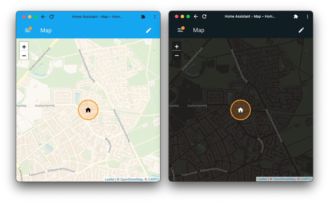 Screenshot demonstrating the new map colors in both light and dark mode