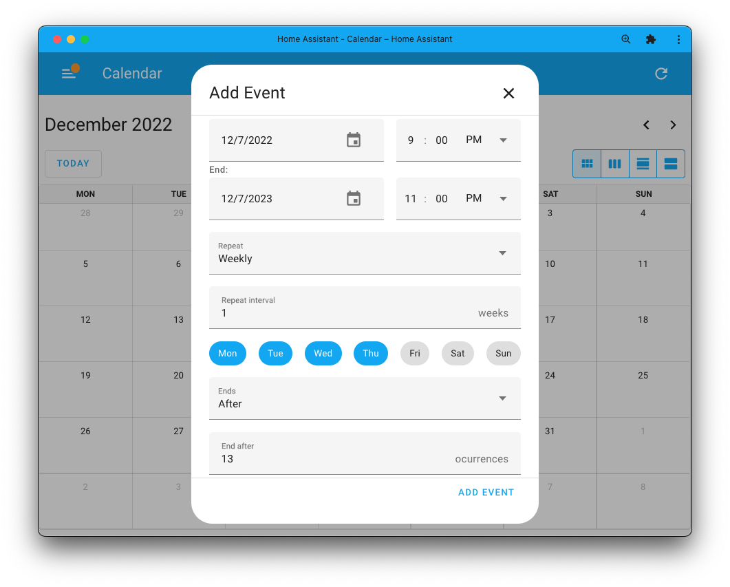 Screenshot adding recurring events to the local calendar