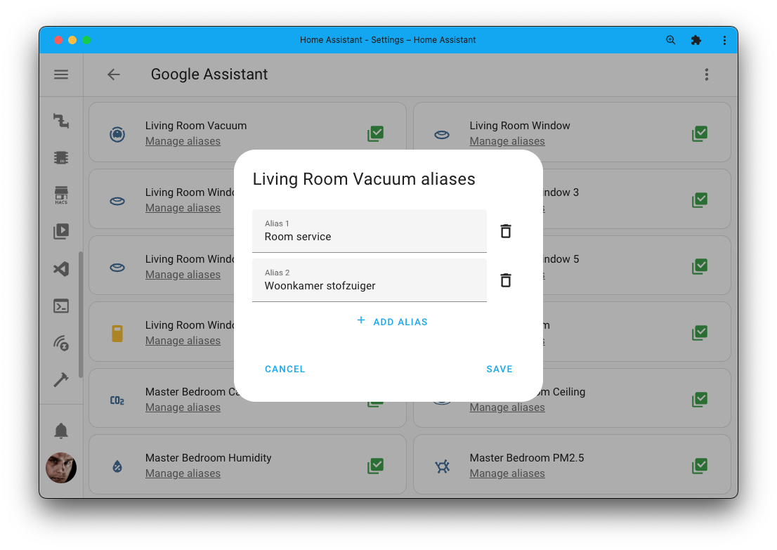 Screenshot showing adding multiple languages as aliases via the Home Assistant Cloud manage entities screen