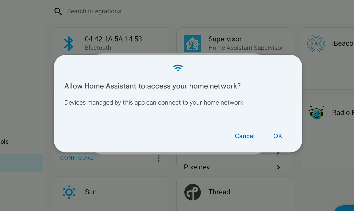 Captura de pantalla de un aviso de Google si Home Assistant puede acceder a las credenciales de red.