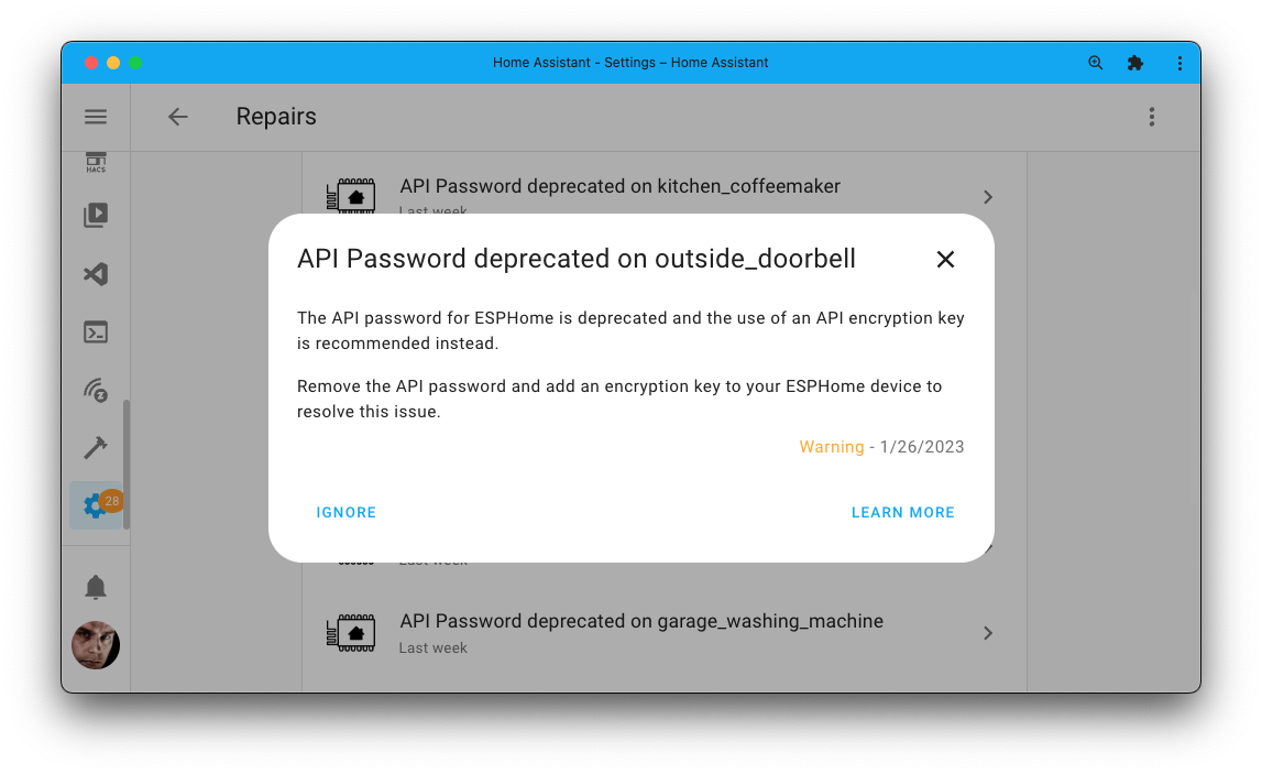 Screenshot showing a raised repair issue for an ESPHome device still using the deprecated API password instead of an API encryption key