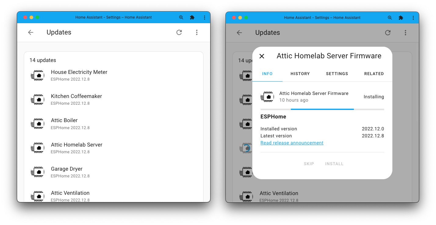 Screenshots, left one showing pending updates for ESPHome devices. Right one: an ESPHome device installing an update straight from Home Assistant