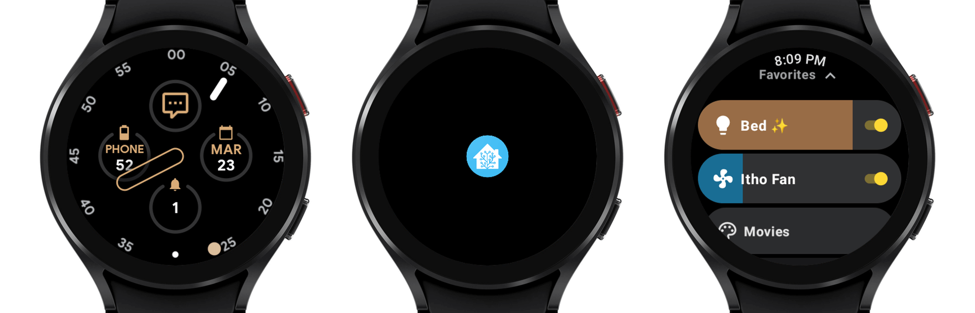 Screenshots of a Wear OS device, showing an Assist complication a watchface, updated launch screen, and favorites only home screen