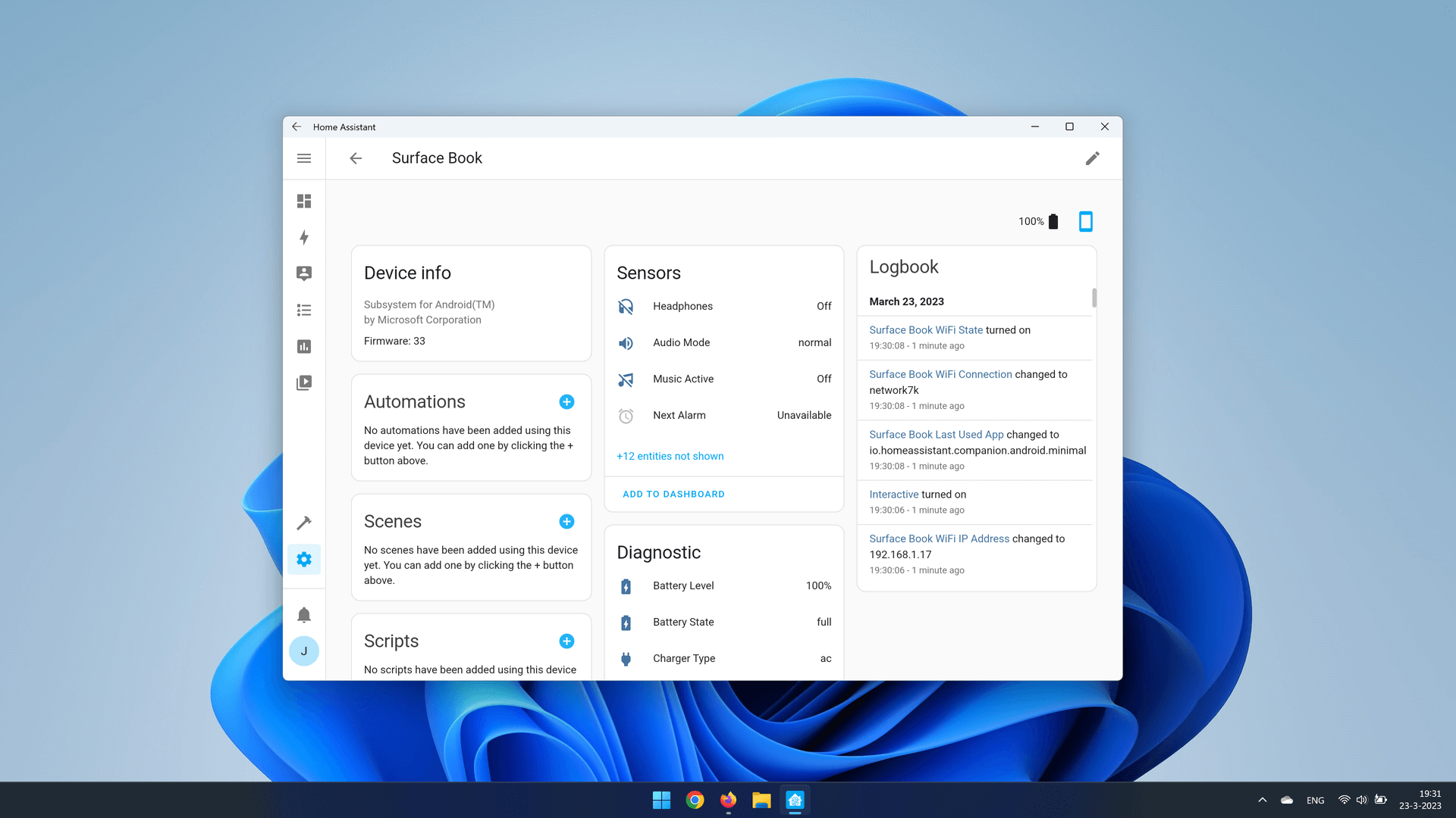 Capture d'écran de l'application Android Home Assistant sur un appareil Windows 11