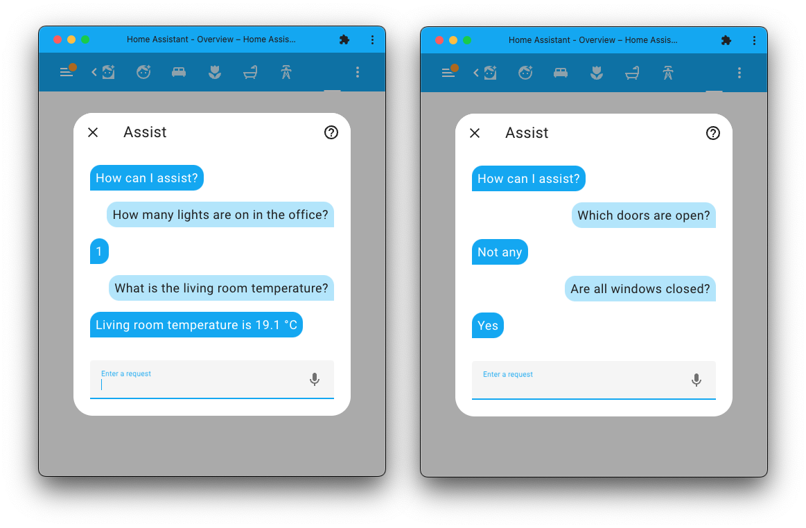 Screenshot showing the assist conversation dialog demonstrating new intents to get the state of things in your home.