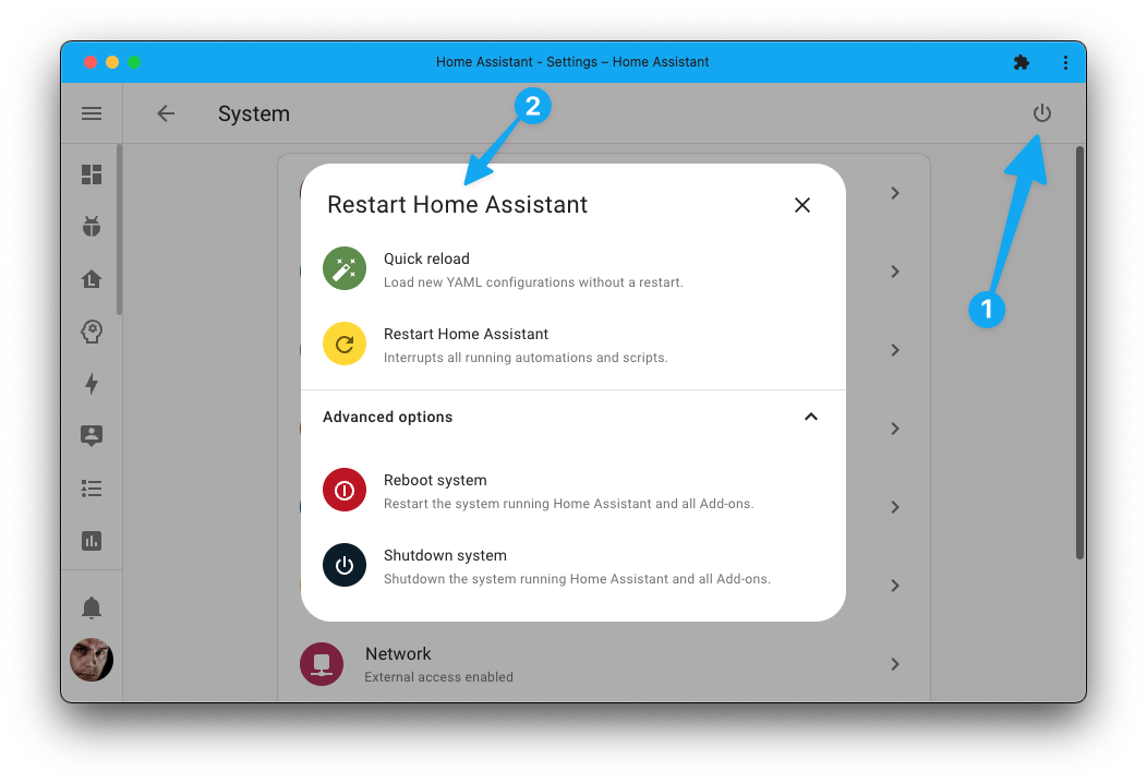Screenshot showing the new restart dialog of Home Assistant that provides a guidance on what action to take.