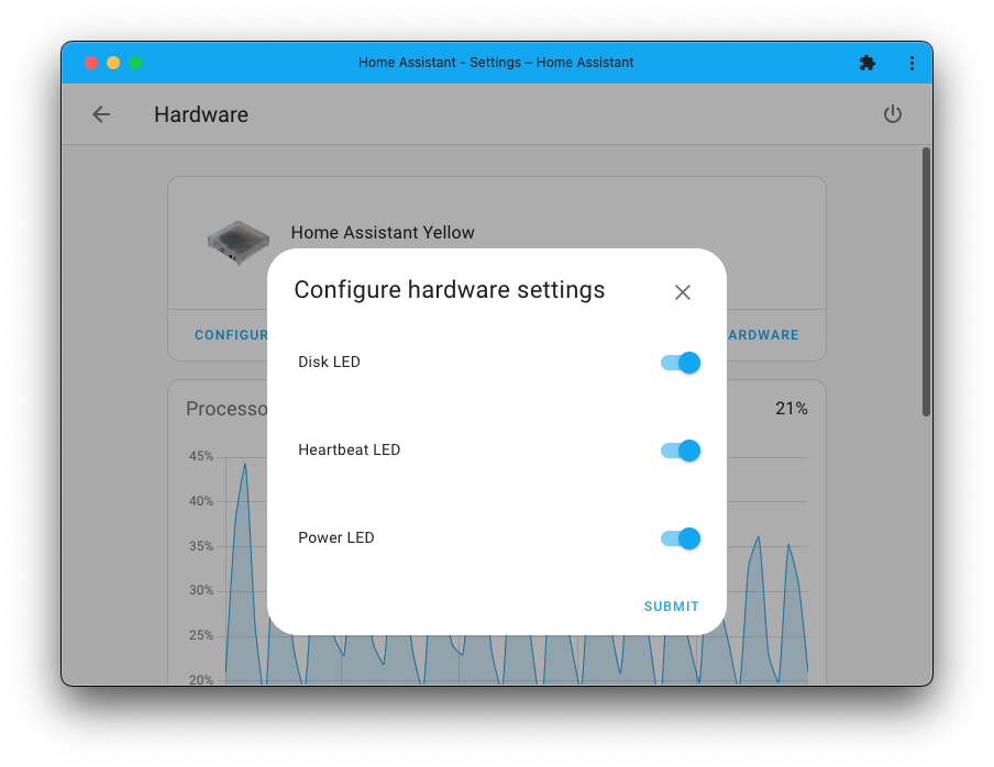 Screenshot that show the new LED settings for the Home Assistant Yellow.