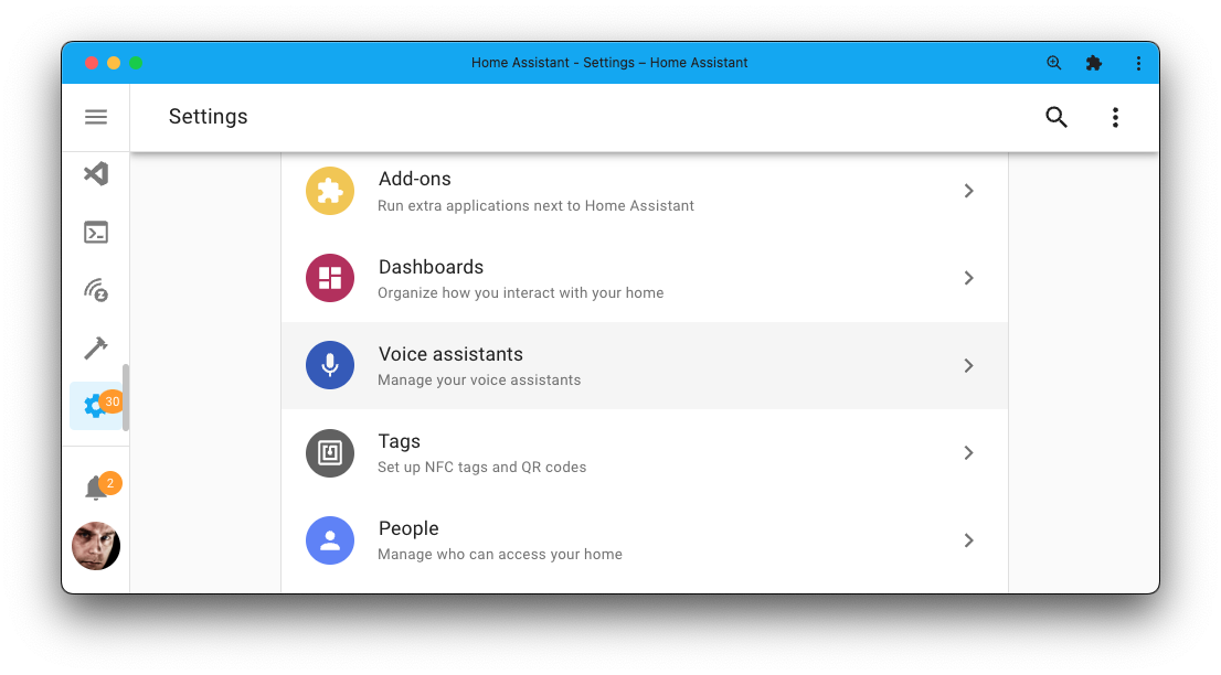 Screenshot showing the brand new menu item in the settings menu: Voice assistants.