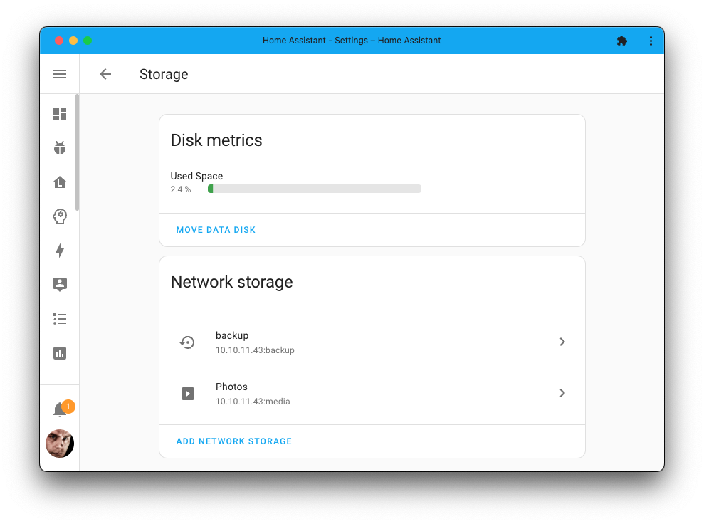 Screenshot showing two external network storages attached to Home Assistant.