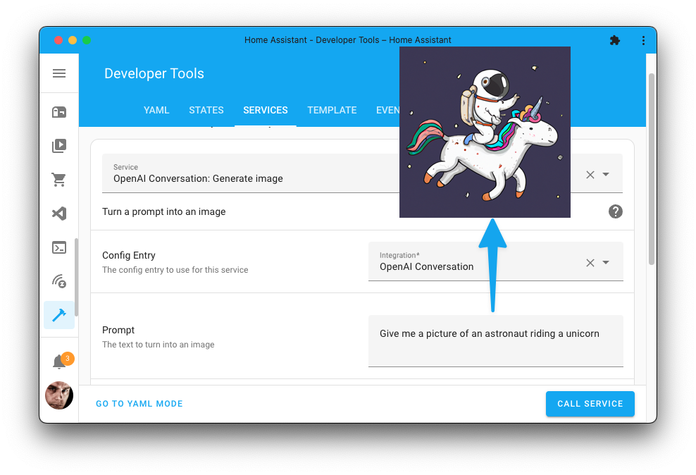 Screenshot showing the new generate image service with DALL-E from OpenAI, asking to generate an image of an astronaut riding a unicorn.