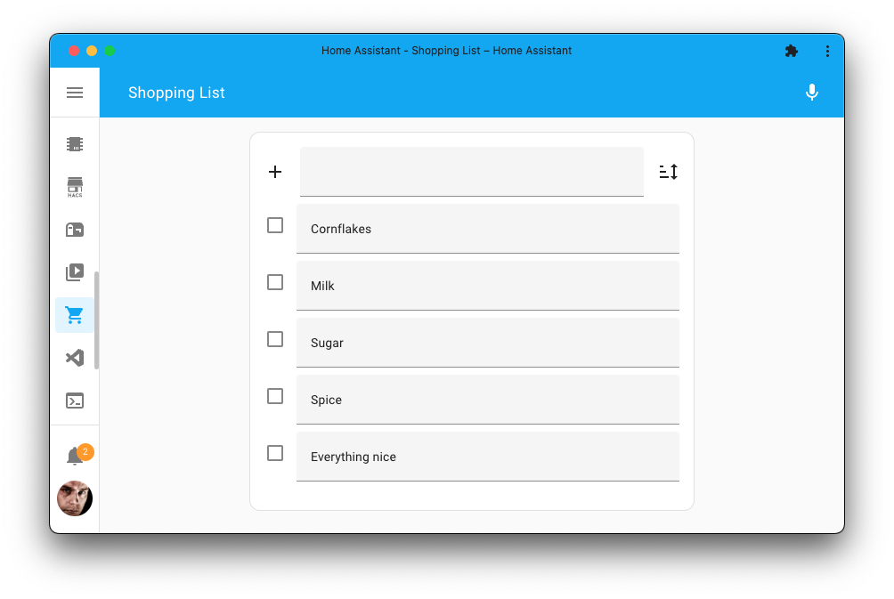 Screenshot showing the shopping list integration in Home Assistant.