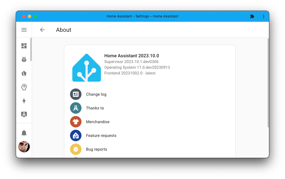 Screenshot showing the new logo showing on the about page in the Home Assistant interface.