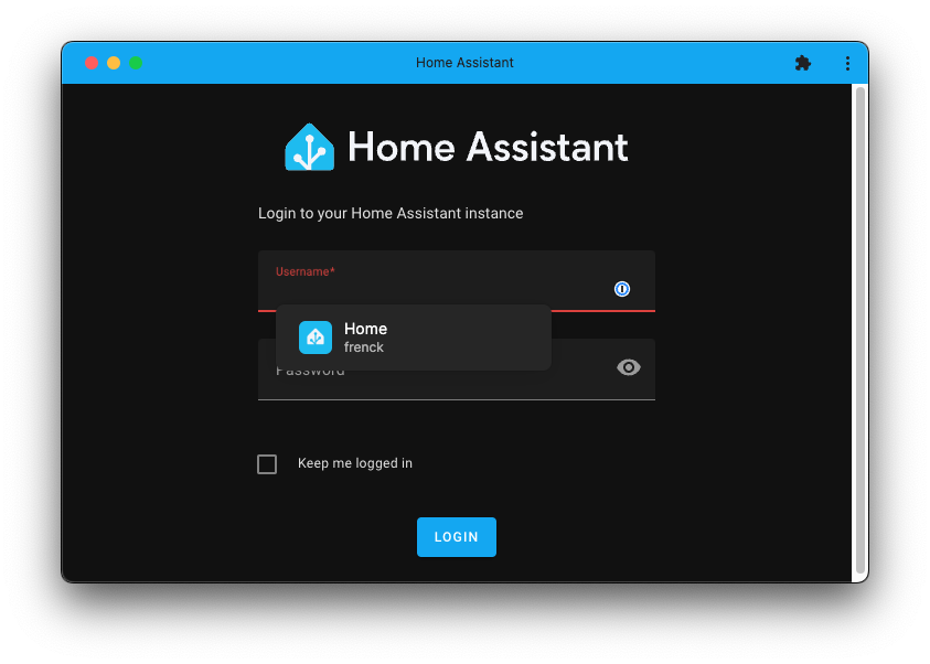 Screenshot van het Home Assistant-inlogscherm, waarop het gebruik van 1Password te zien is