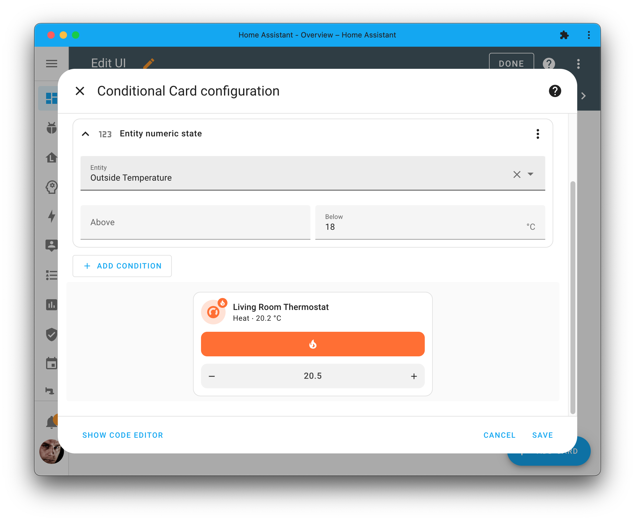 Screenshot showing the configuration dialog of the conditional card, on which you can now configure a numeric condition when to show the card.