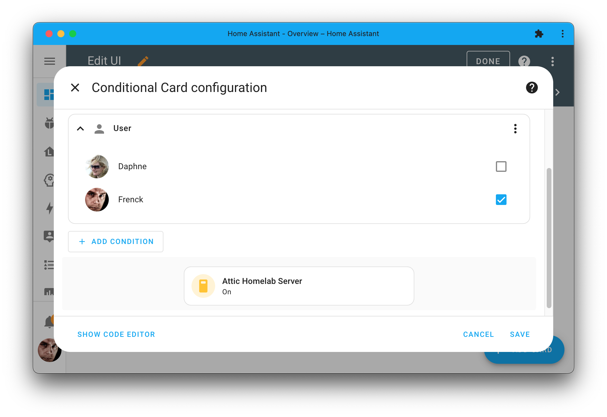 Screenshot showing the configuration dialog of the conditional card, which now allows you to set which users to show the card at.