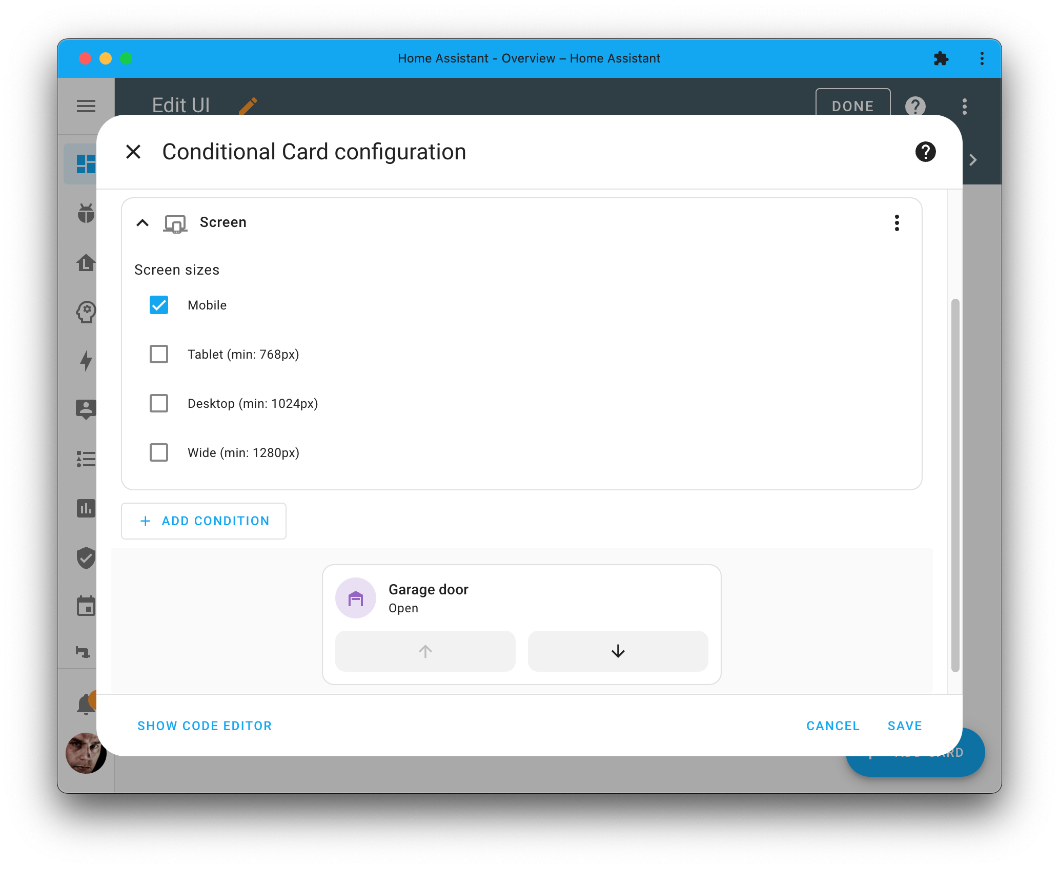 Screenshot showing the configuration dialog of the conditional card, which you can now configure to show the card only on a specific screen type.