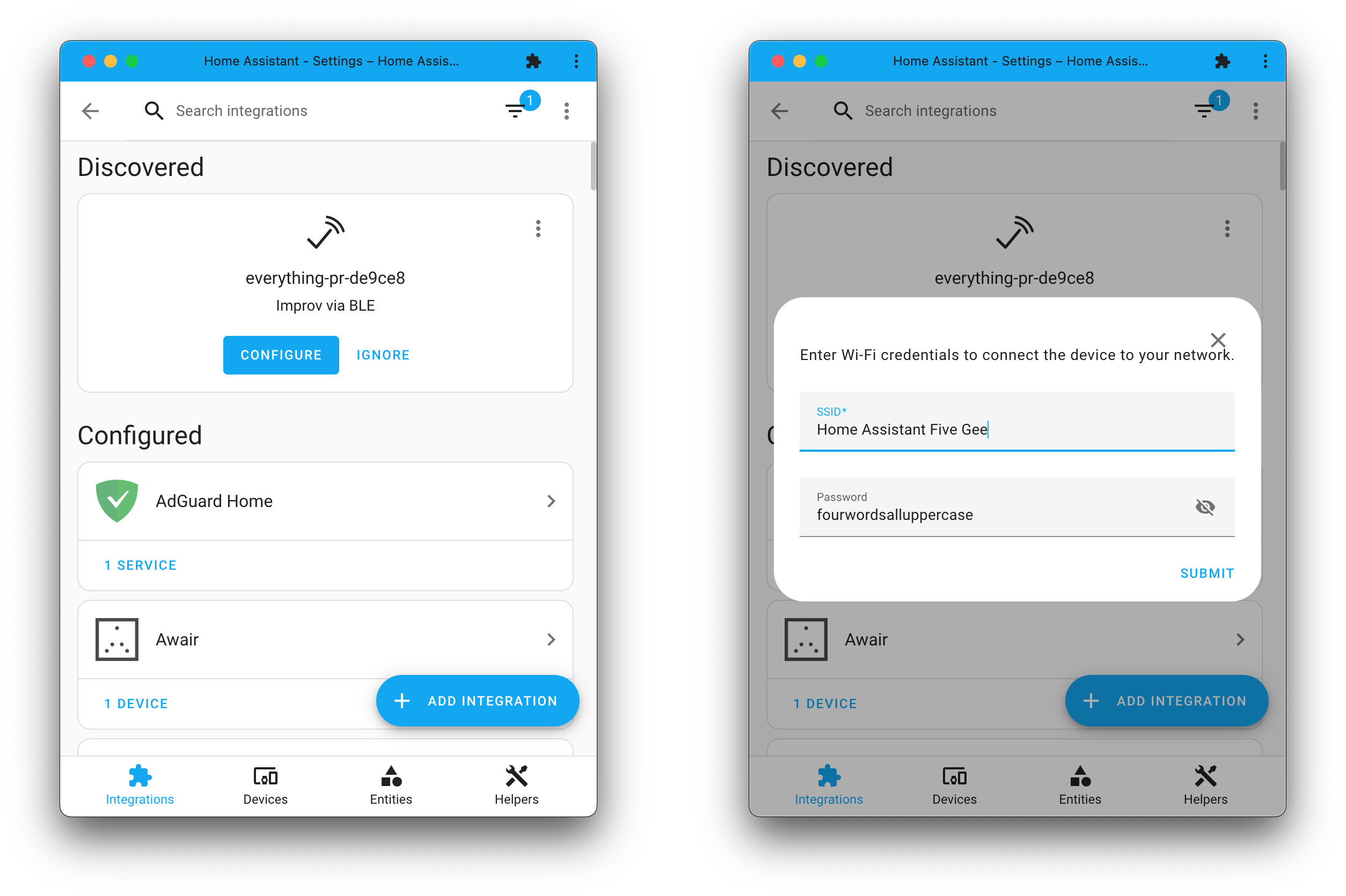 Screenshot showing a discovered Improv Wi-Fi device over Bluetooth, which can be set up and added to your Wi-Fi network straight from Home Assistant.