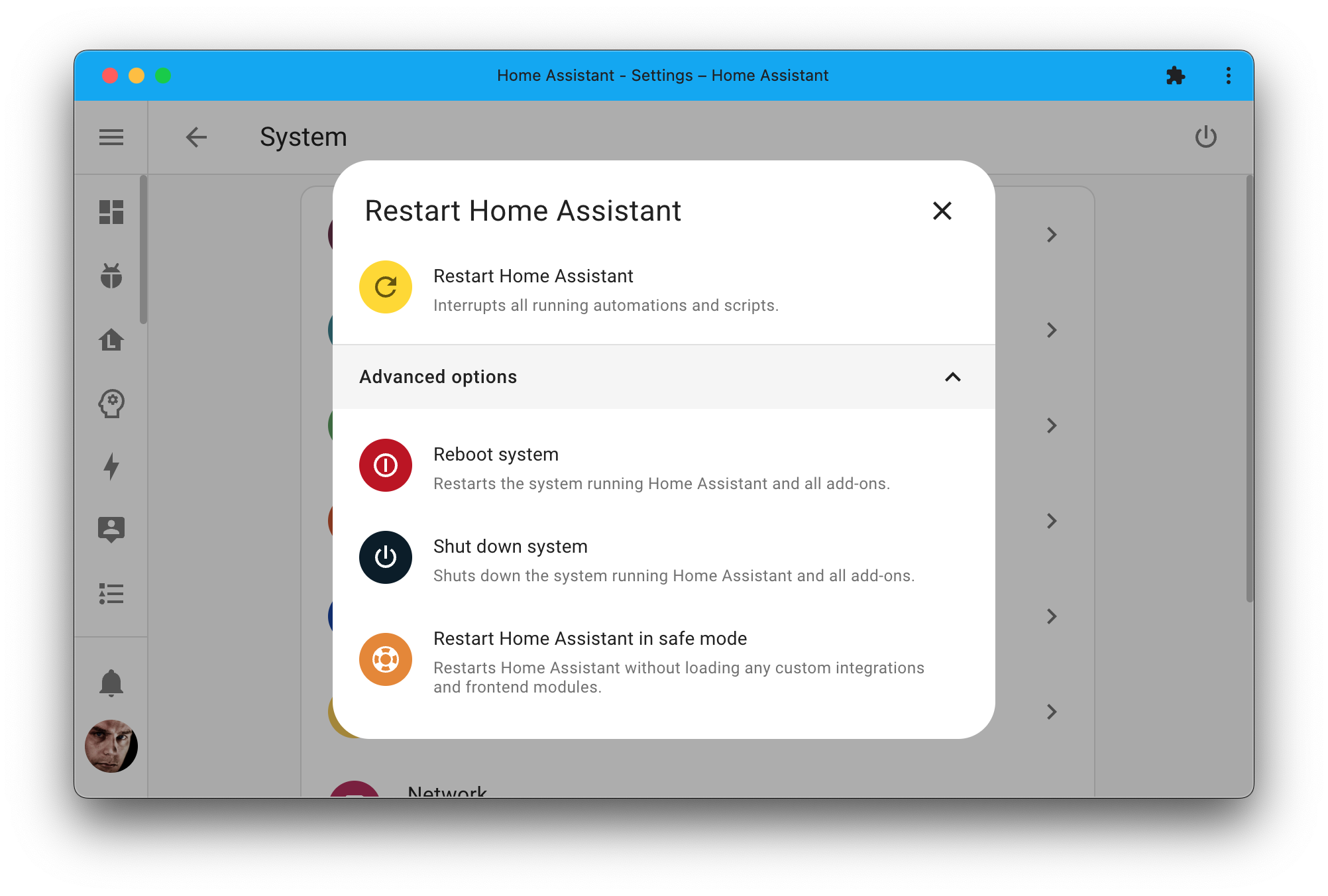 Screenshot showing the restart dialog, which now provides a new option: Restart Home Assistant in safe mode.