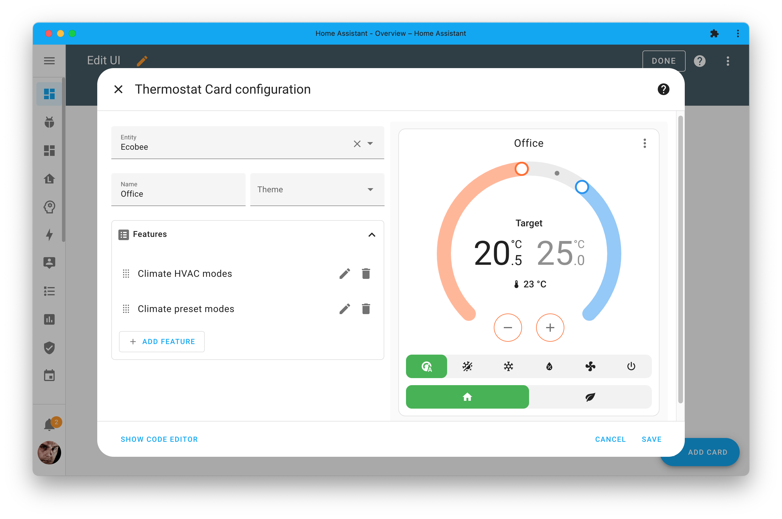 Screenshot that shows the new features available when configuring a thermostat card.