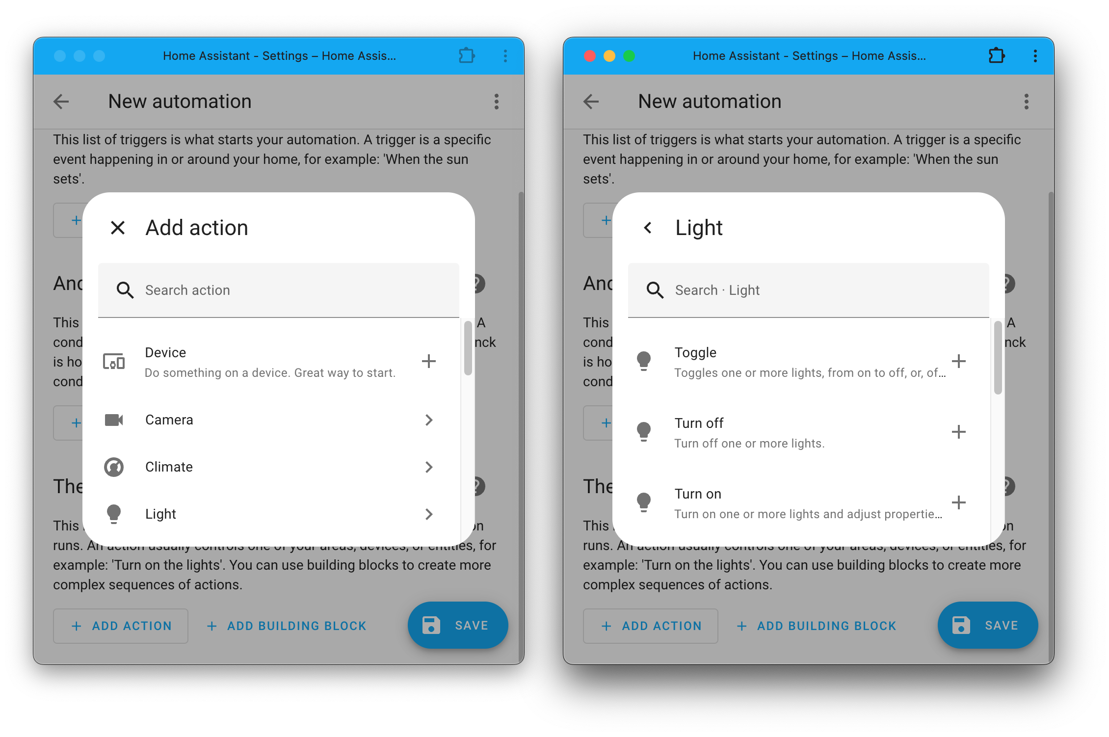 Screenshot showing the new add action dialog, which now shows all possible actions, including services.