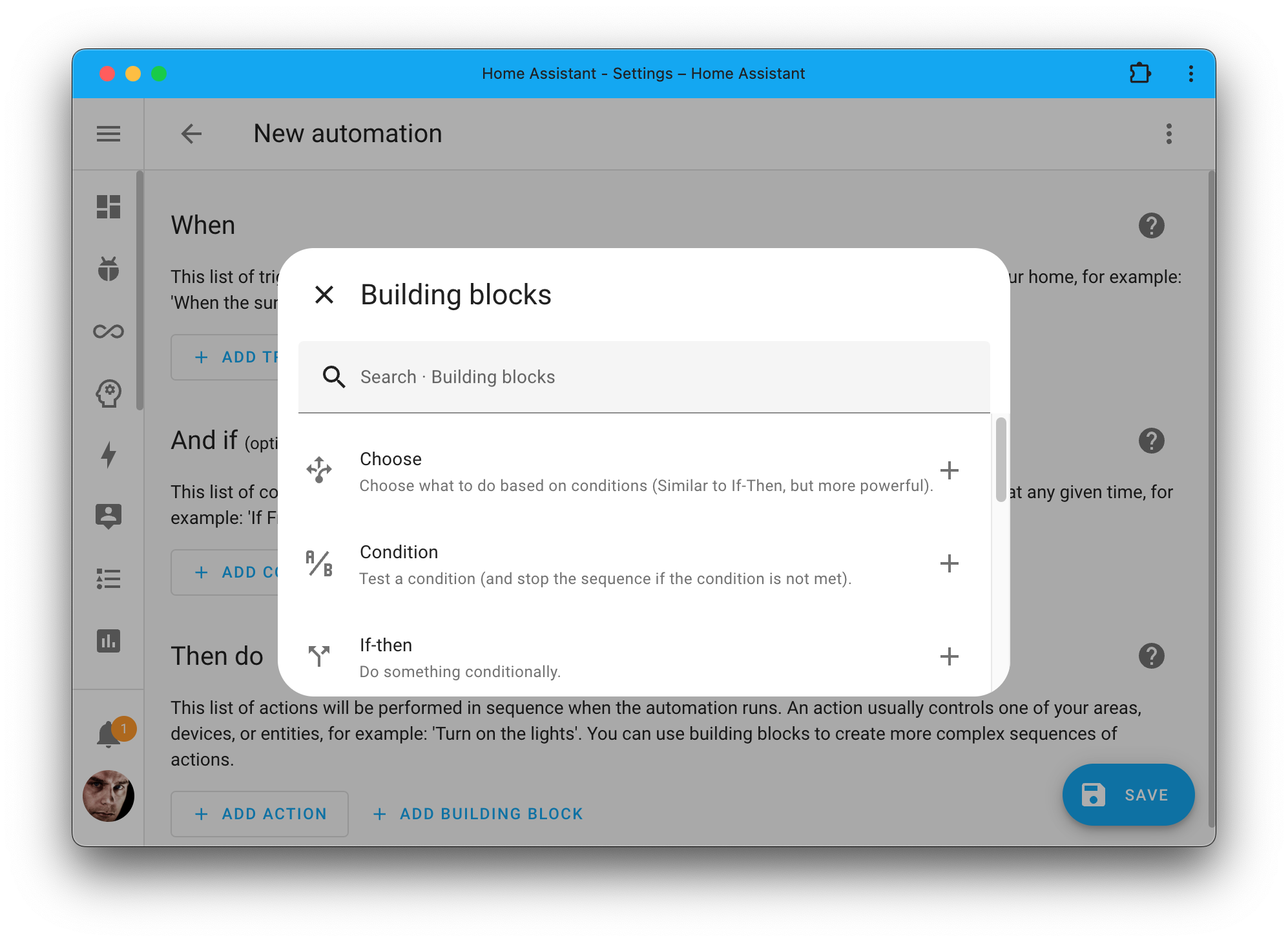 Screenshot showing the new dialog that allows you to add logical building blocks to automations.