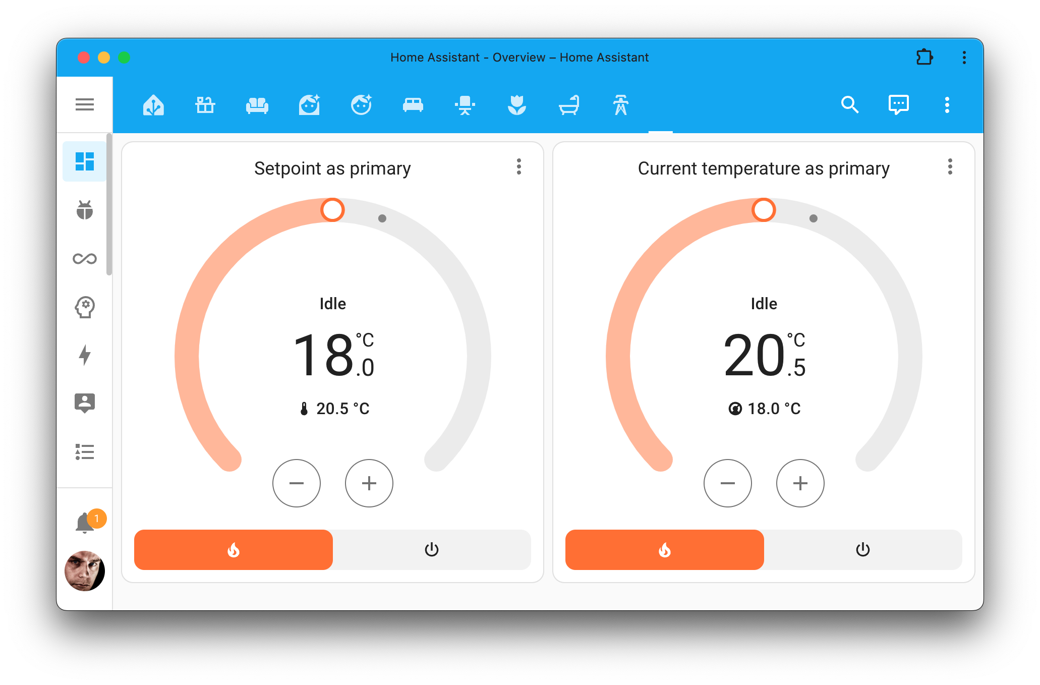 Screenshot showing two thermostat cards. One has the setpoint as a primary temperature, the other the current temperature.
