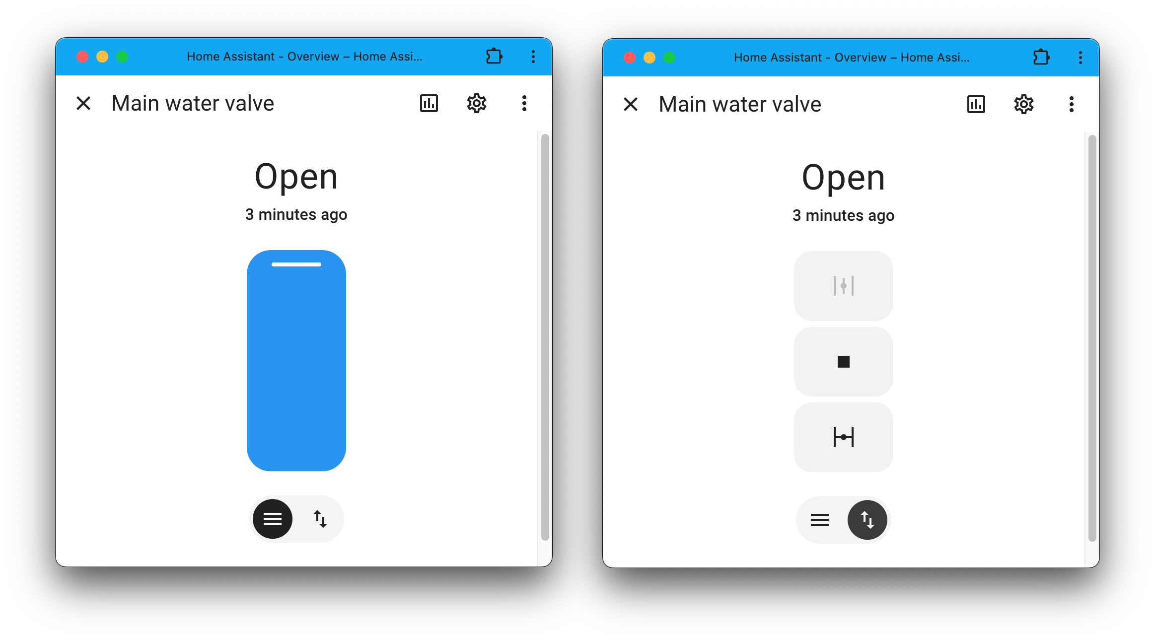 Screenshot showing a valve entity in the Home Assistant UI.