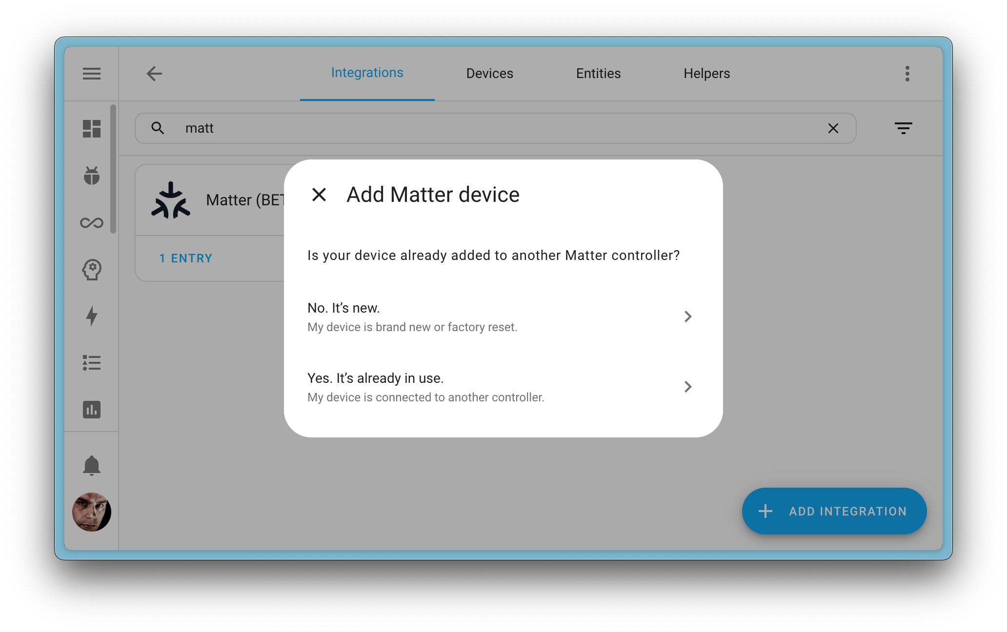 Screenshot showing the dialog to add a Matter device, asking if this is a new or existing matter device connected to another controller.